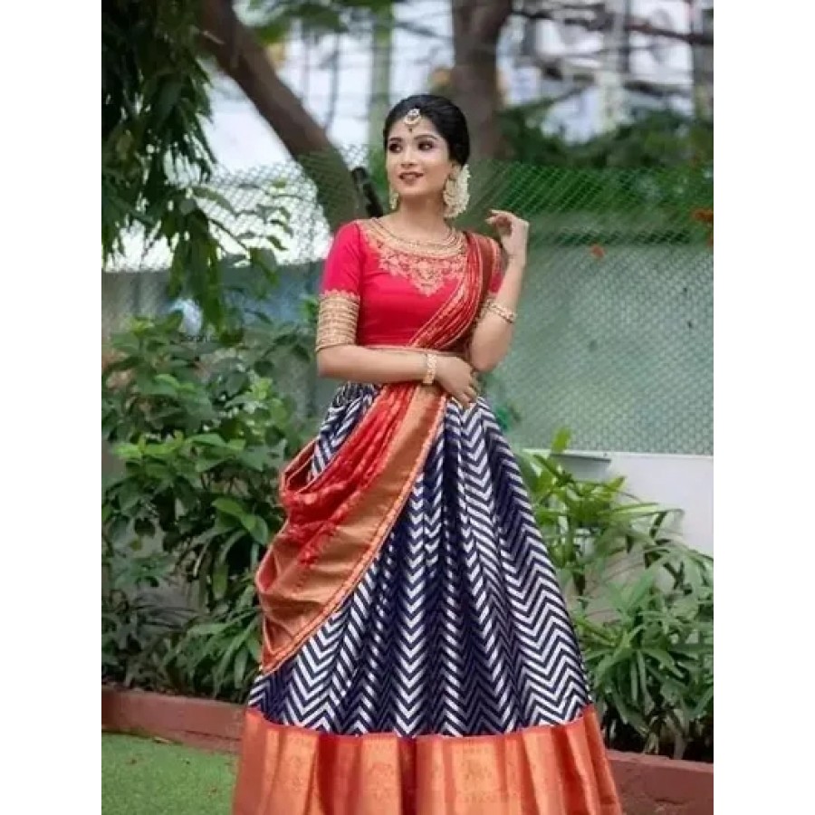 Stylish Blue Art Silk Half Saree Lehenga Choli Set For Women