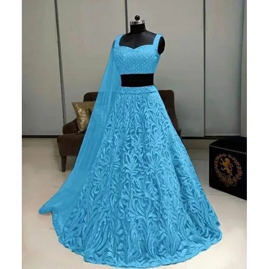 Stylish Blue Net Embroidered Lehenga Choli Set For Women