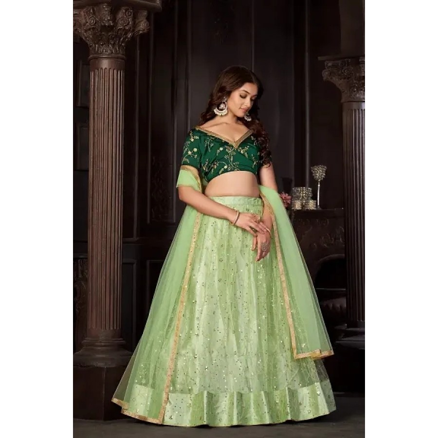 Stylish Green Net  Lehenga Choli Set For Women