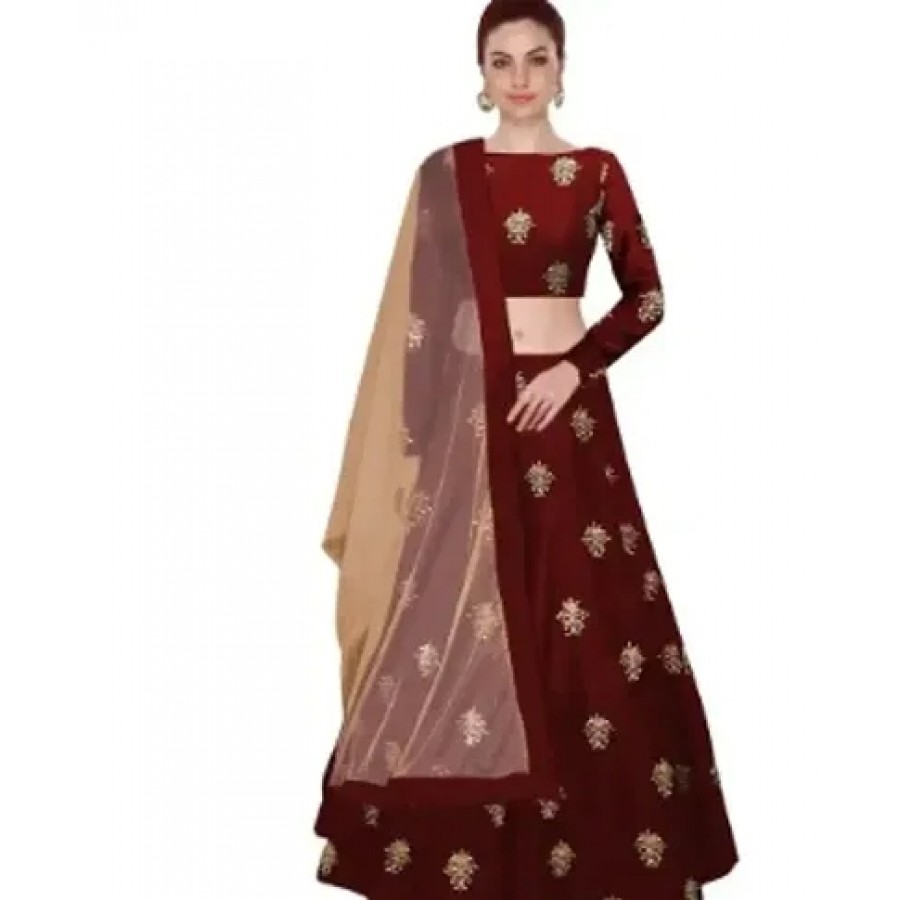 Stylish Maroon Satin Silk Lehenga Choli With Dupatta For Women