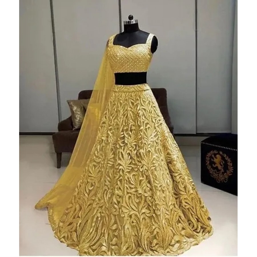 Stylish Mustard Net Embroidered Lehenga Choli Set For Women