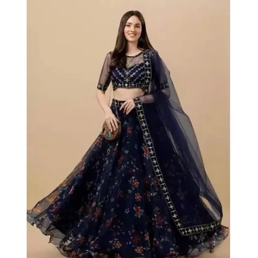 Stylish Navy Blue Net Embroidered Lehenga Choli Set For Women