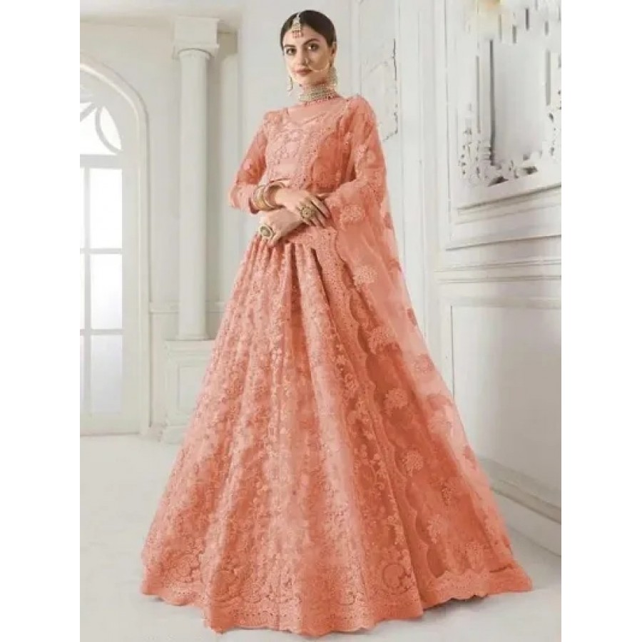 Stylish Orange Net Embroidered Lehenga Choli Set For Women