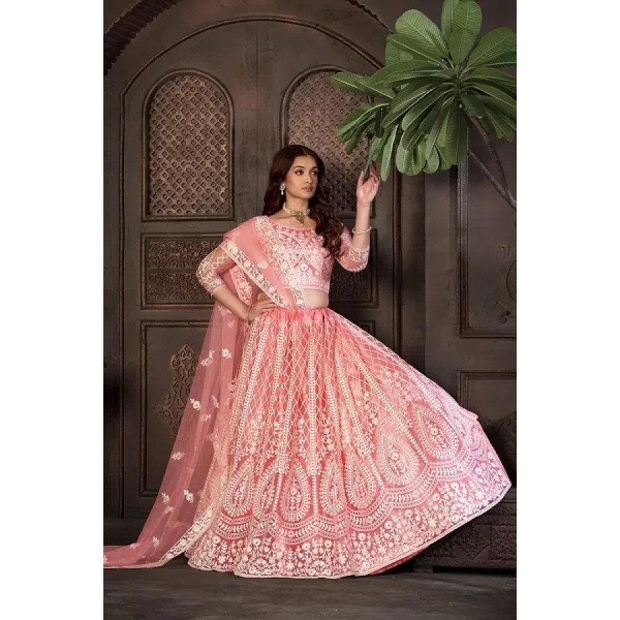 Stylish Peach NET  Lehenga Choli Set For Women