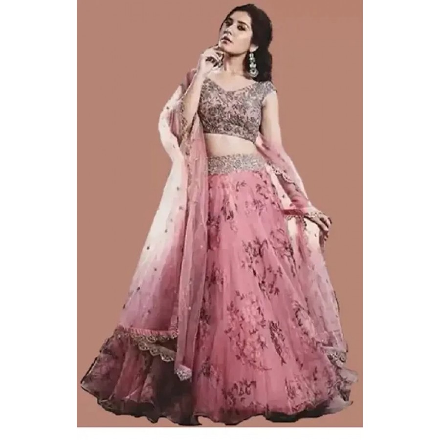 Stylish Pink Net Embroidered Lehenga Choli Set For Women