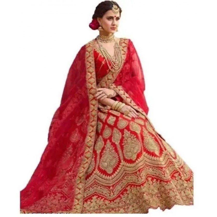 Stylish Red Cotton Silk Embroidered Lehenga Choli With Dupatta Set For Women