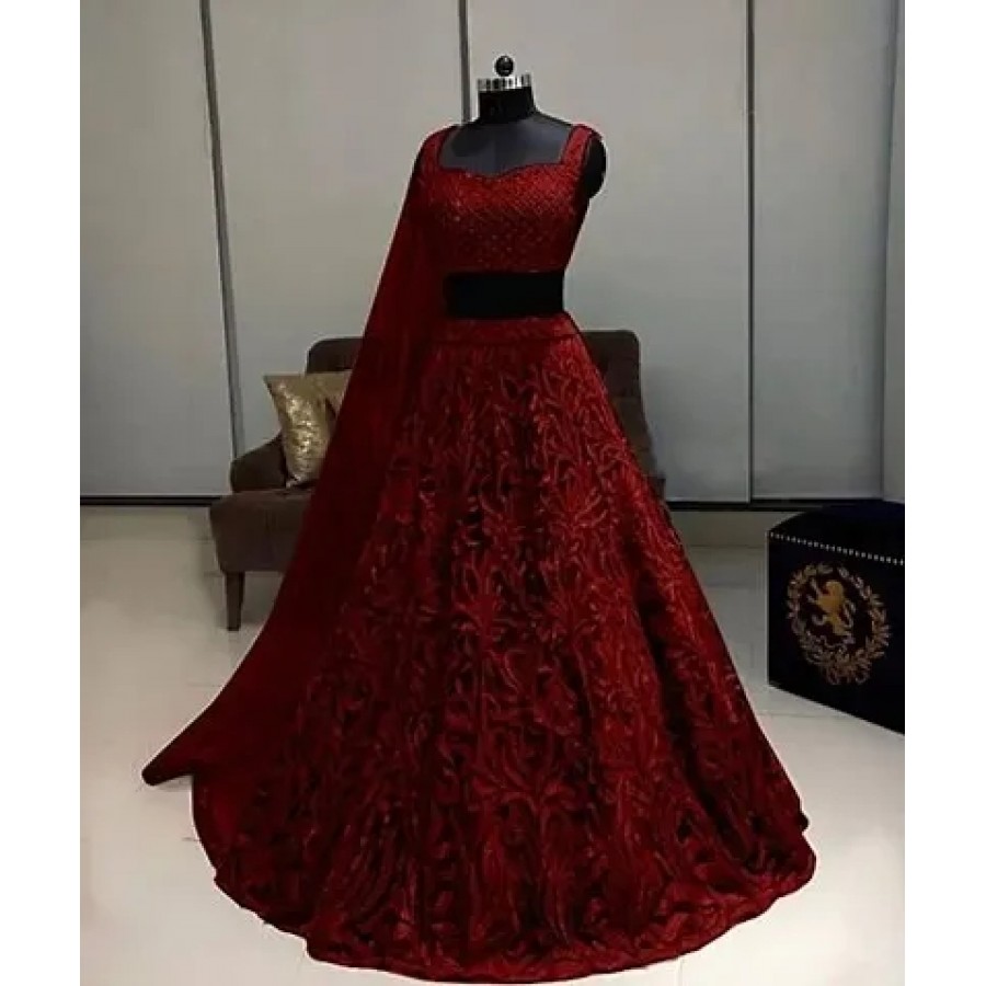 Stylish Red Net Embroidered Lehenga Choli Set For Women