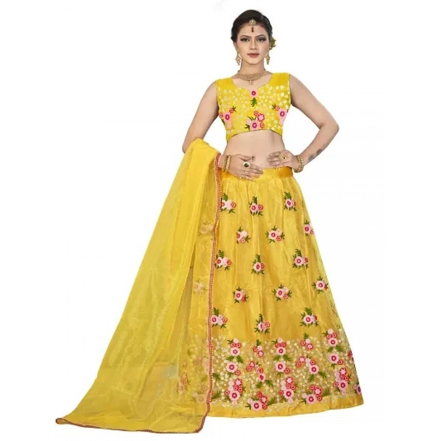 Stylish Yellow Net Lehenga Choli Set For Women