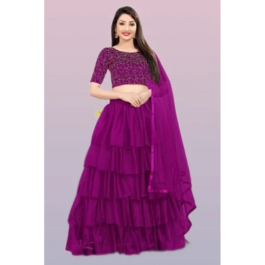 Women Fancy Ruffle Semi Stitched Net Lehenga Choli  Dupatta Set