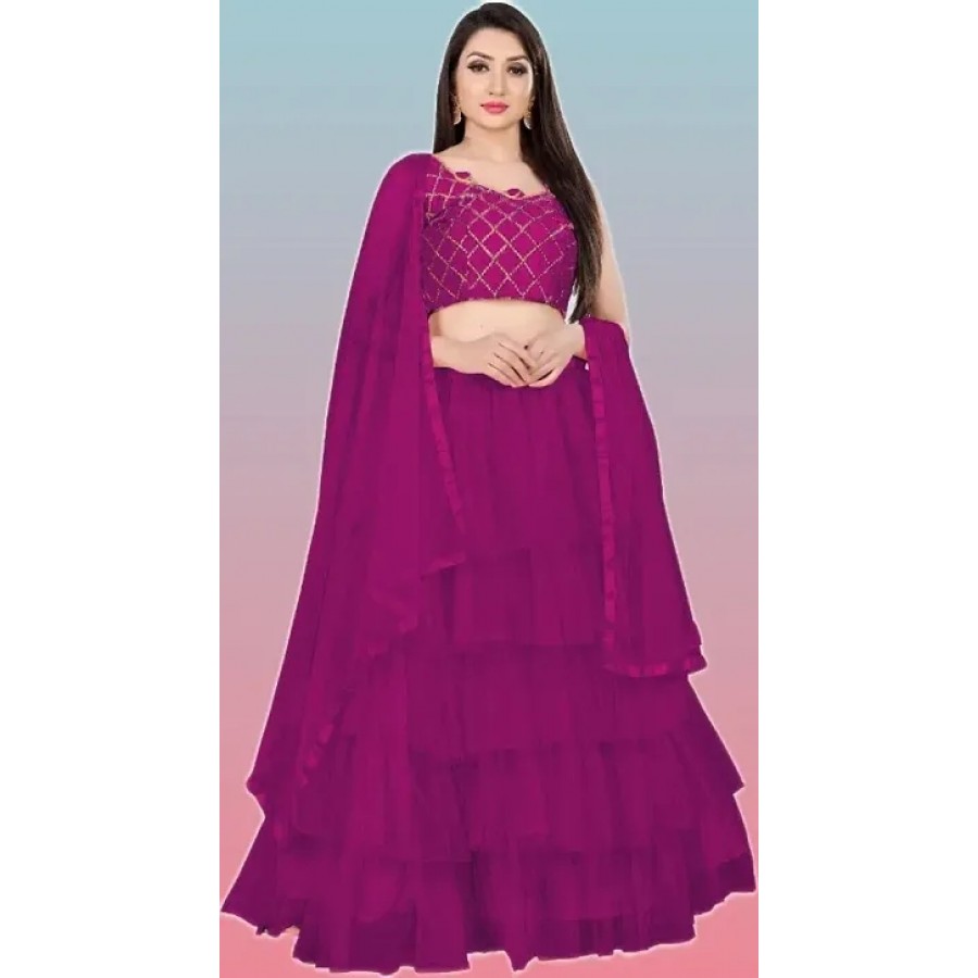 Women Fancy Ruffle Semi Stitched Net Lehenga Choli  Dupatta Set