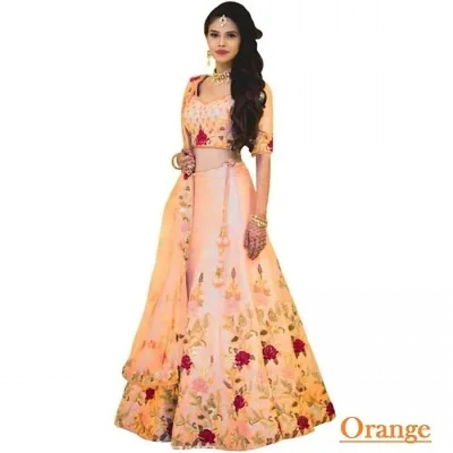 Womenrsquo;s Semi stitched Embroidered work Silk Lehenga choli and dupatta Set (Orange)