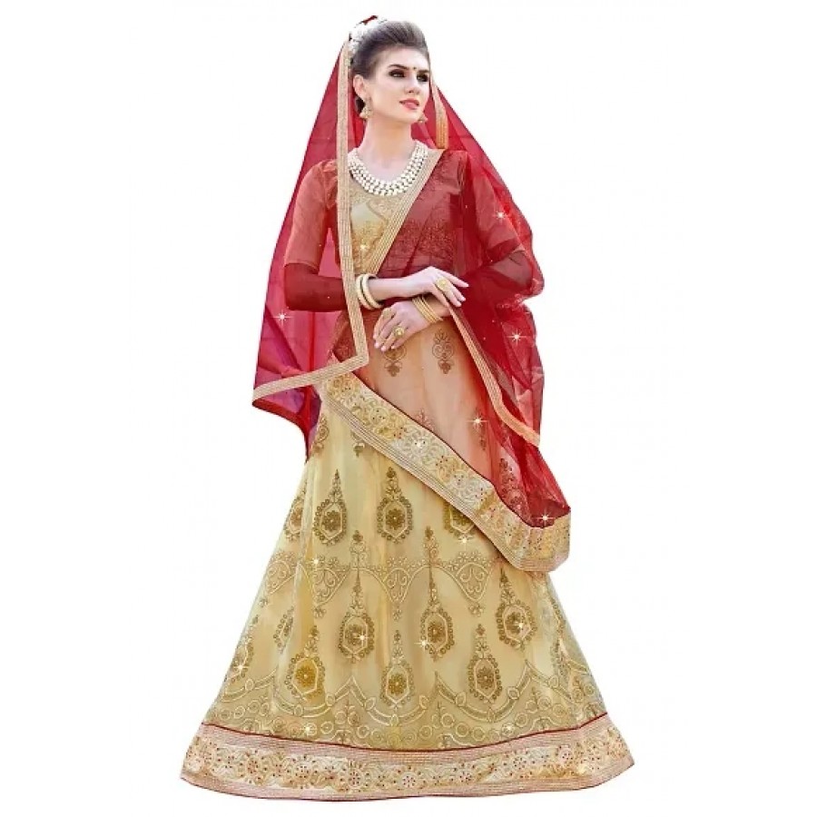 Women's Gold Semi Stitched Embroidered Gota Lehenga Choli