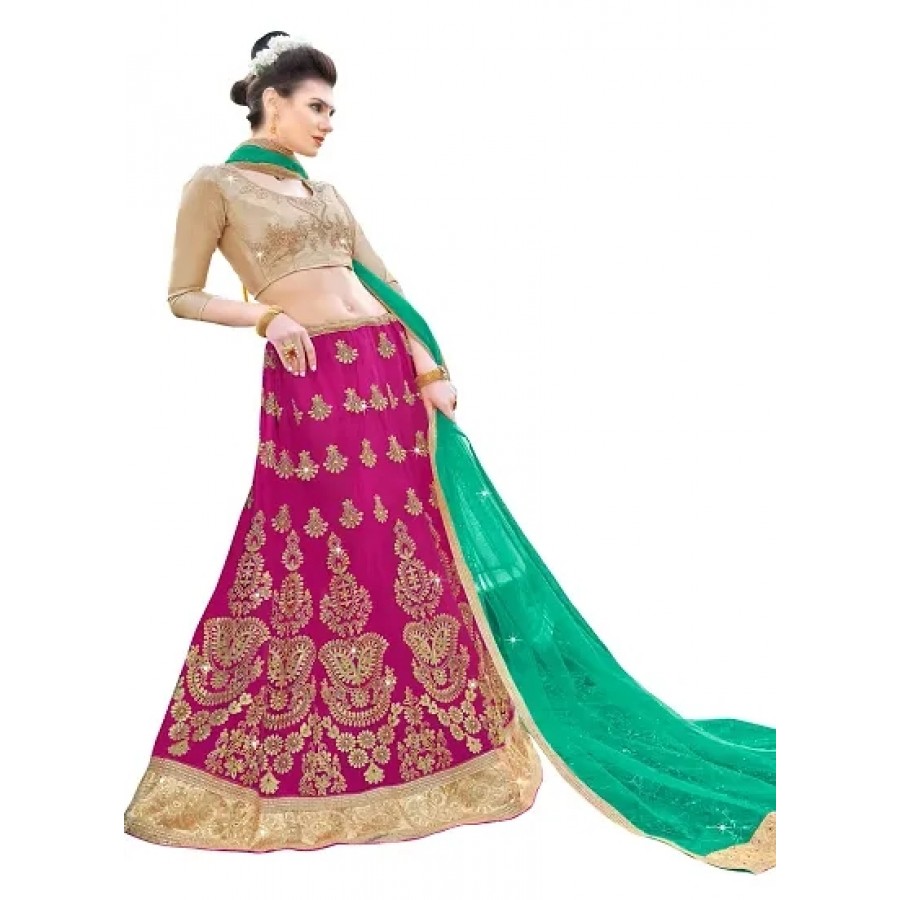 Women's Gold Semi Stitched Embroidered Gota Lehenga Choli