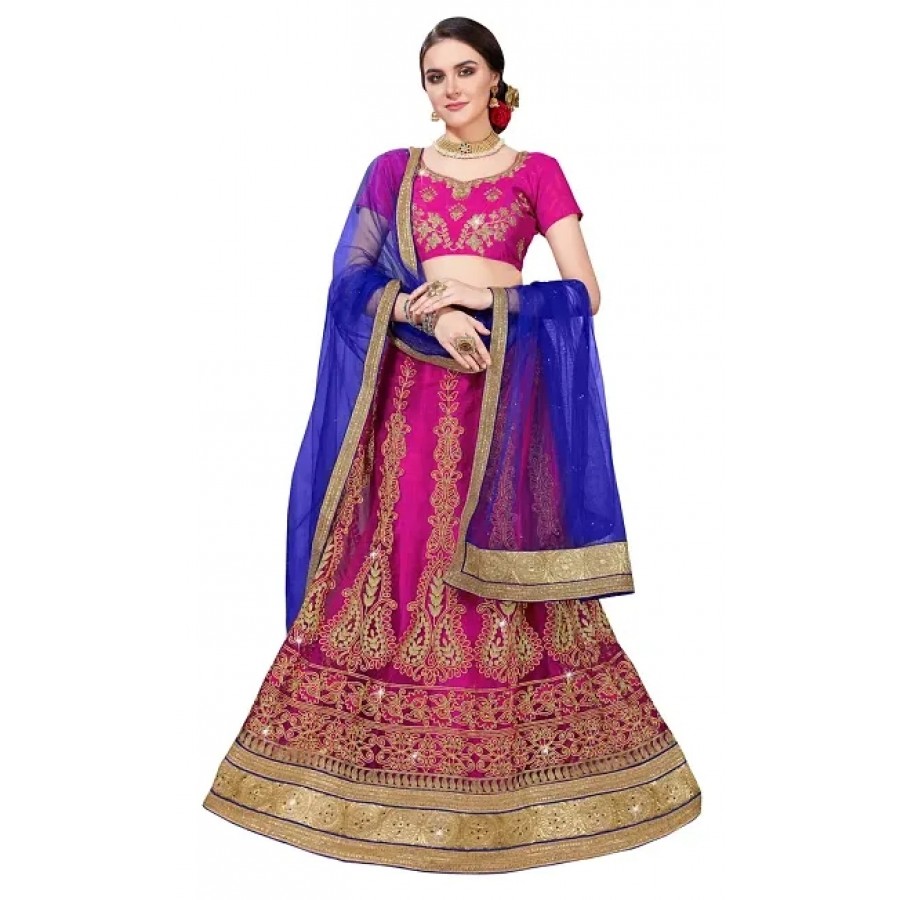 Women's Pink Semi Stitched Embroidered Bangalori Silk Lehenga Choli