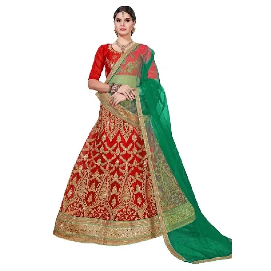 Women's Red Semi Stitched Embroidered Bangalori Silk Lehenga Choli