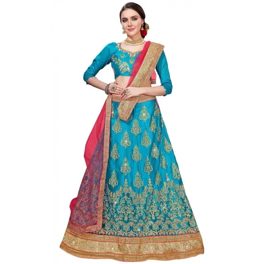 Women's Sky Blue Semi Stitched Embroidered Bangalori Silk Lehenga Choli