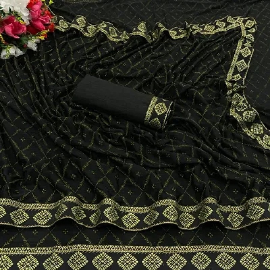 Beautiful Black Lycra Printed Women Saree with Blouse piece