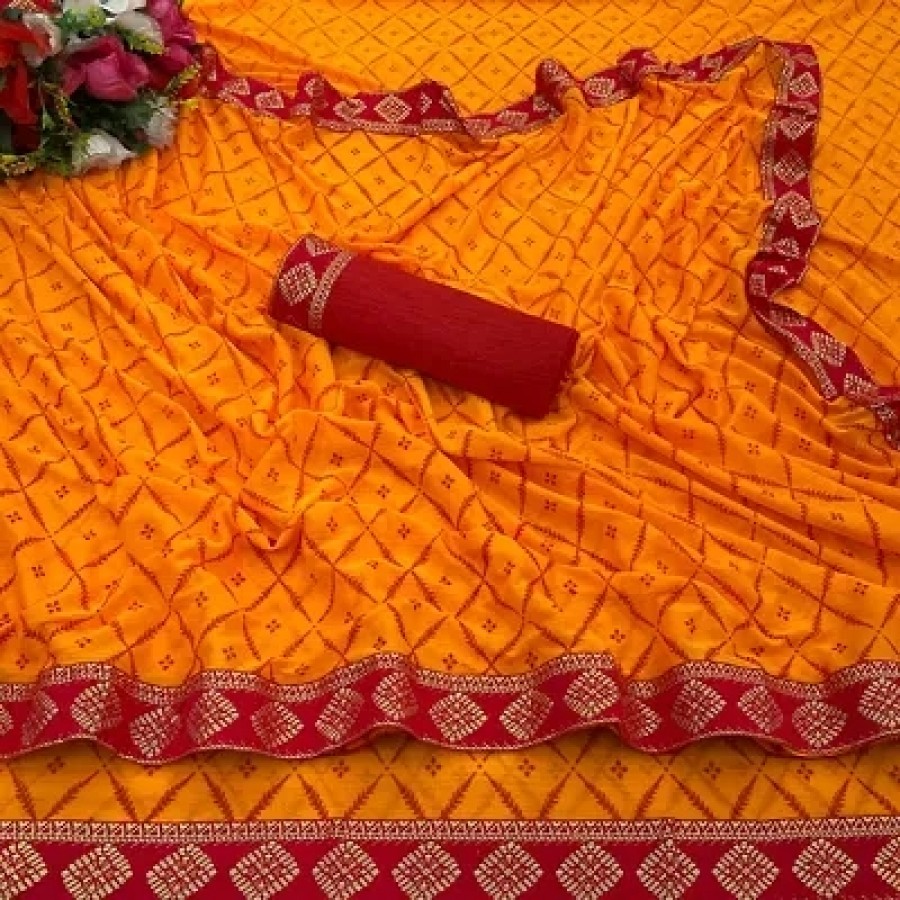 Beautiful Orange Lycra Printed Women Saree with Blouse piece