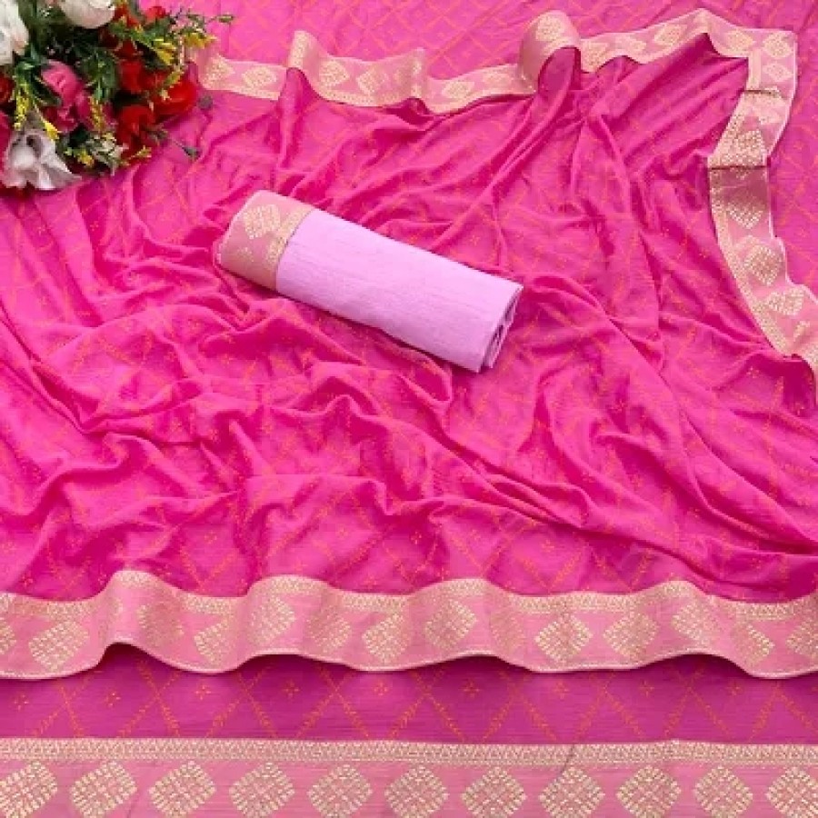 Beautiful Pink Lycra Printed Women Saree with Blouse piece