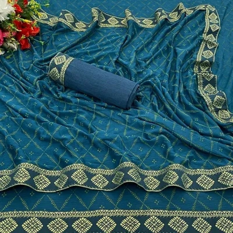 Beautiful Teal Lycra Printed Women Saree with Blouse piece