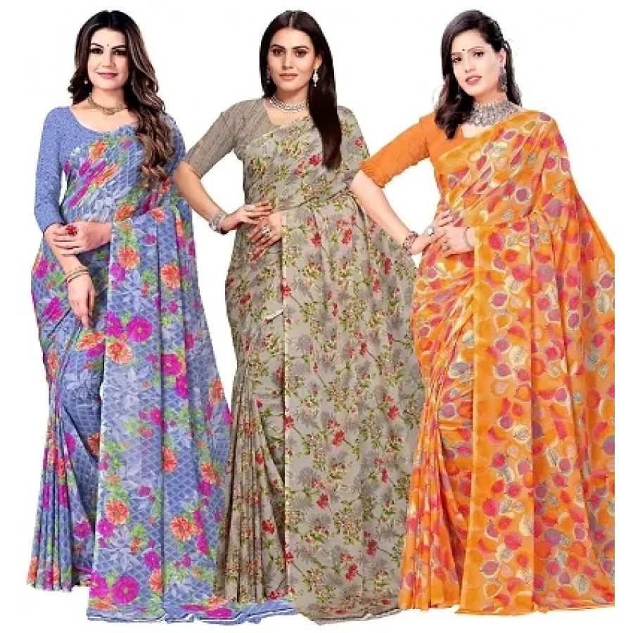 Classic Georgette Printed Saree with Blouse Piece, Pack of 3