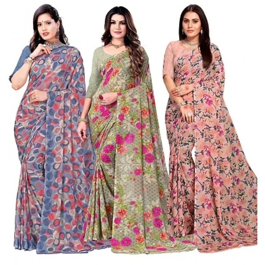 Classic Georgette Printed Saree with Blouse Piece, Pack of 3