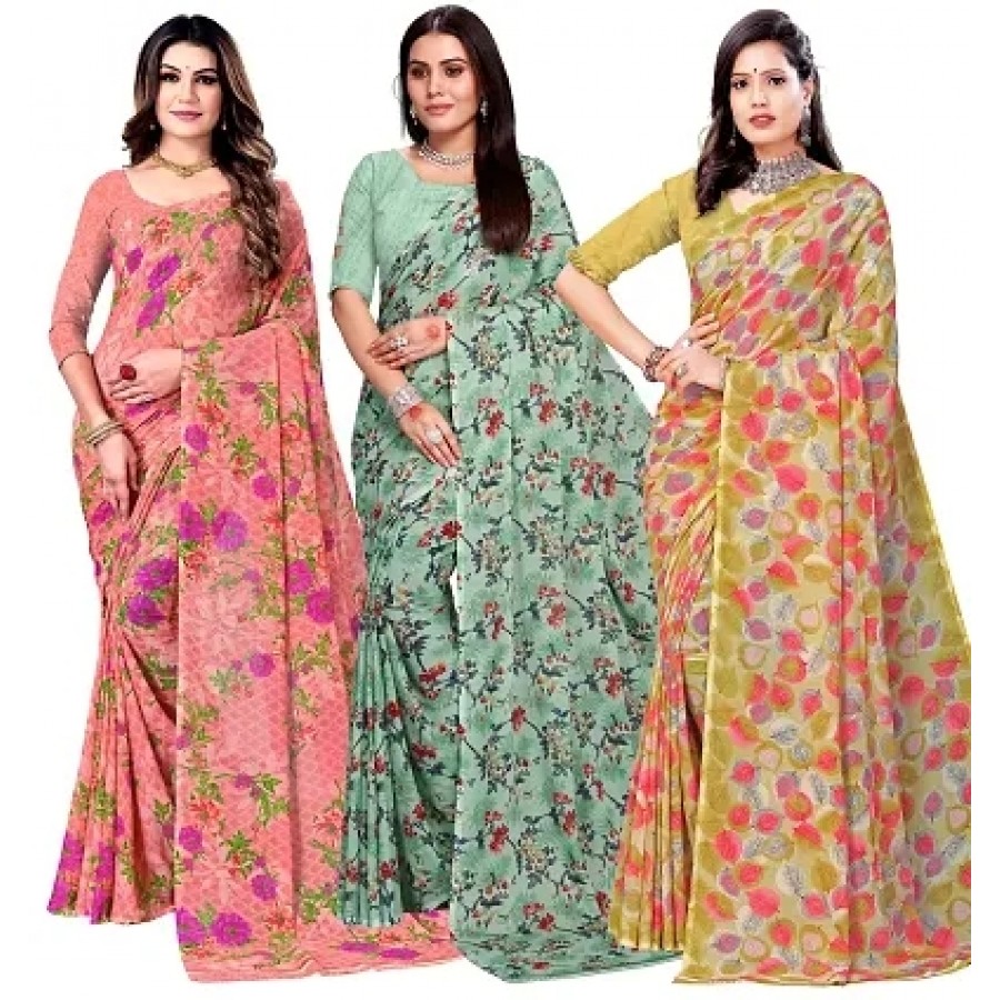 Classic Georgette Printed Saree with Blouse Piece, Pack of 3