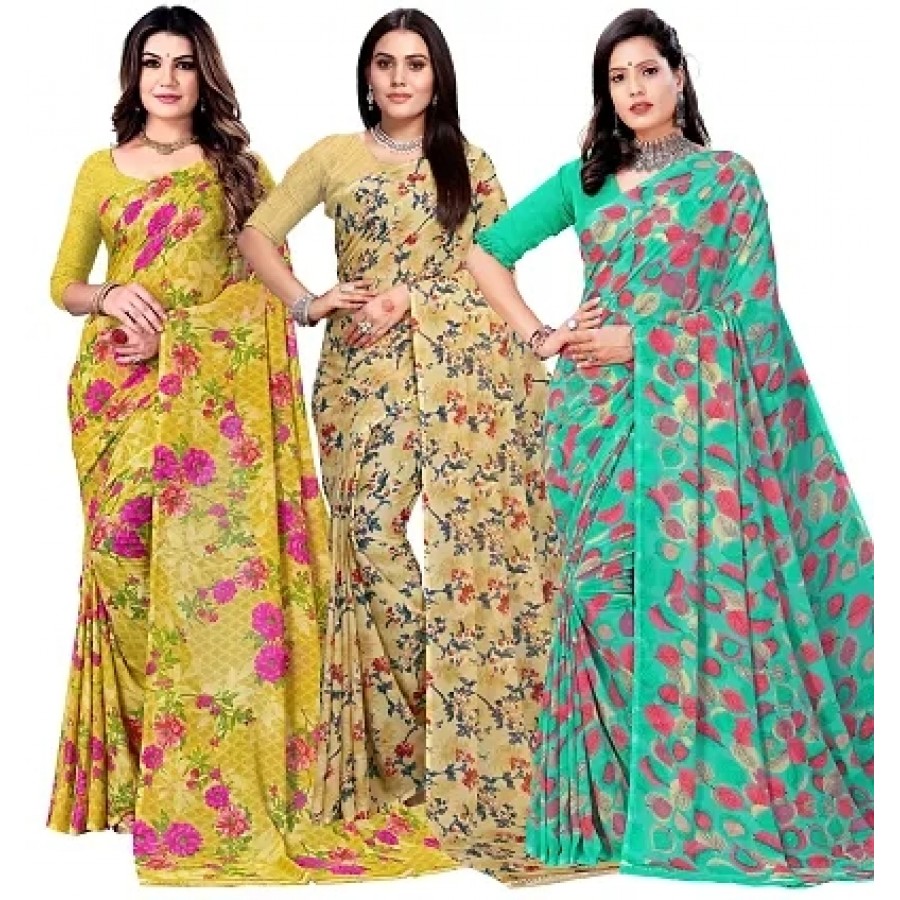 Classic Georgette Printed Saree with Blouse Piece, Pack of 3