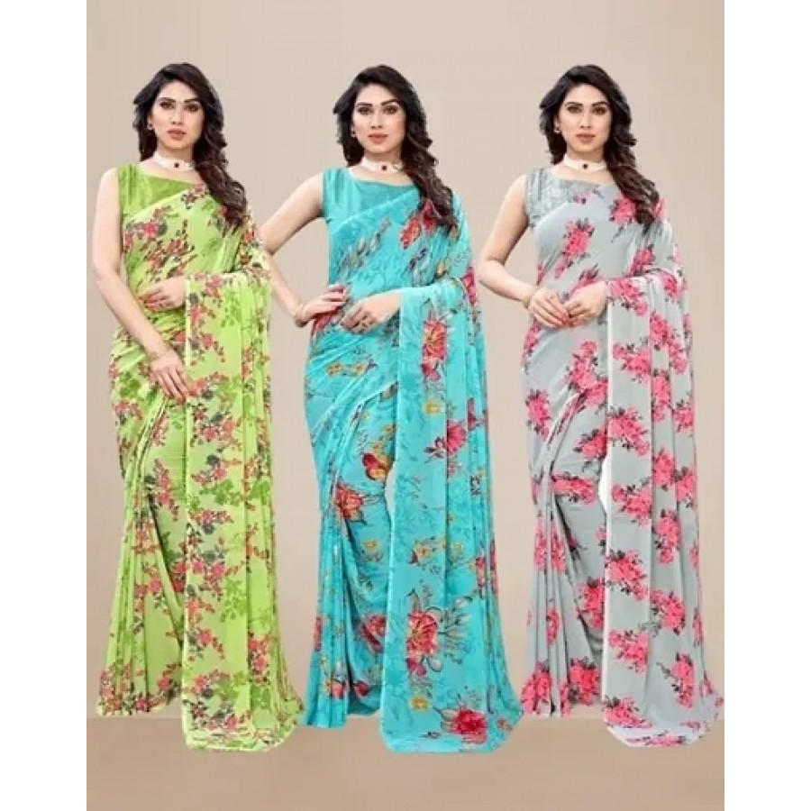 Classic Georgette Printed Saree with Blouse Piece, Pack of 3