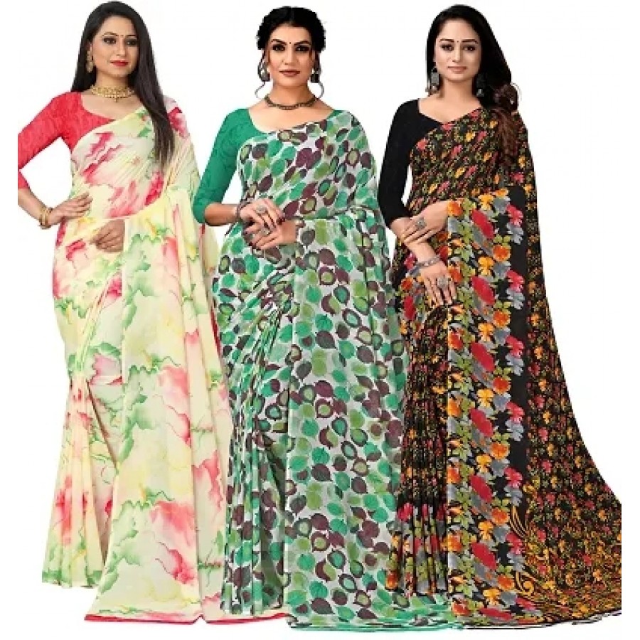 Classic Georgette Printed Saree with Blouse Piece, Pack of 3