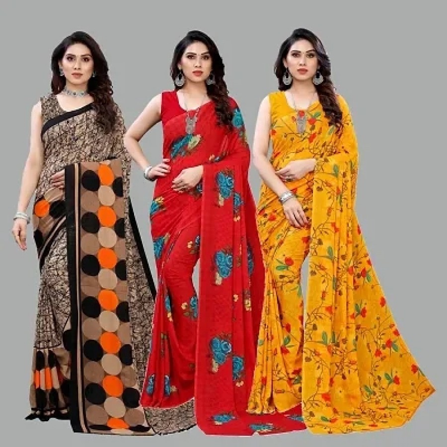 Classic Georgette Printed Saree with Blouse Piece, Pack of 3