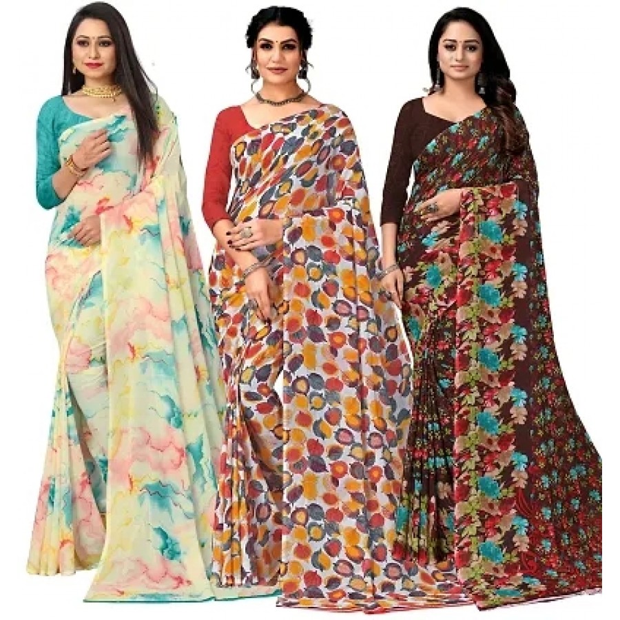 Classic Georgette Printed Saree with Blouse Piece, Pack of 3