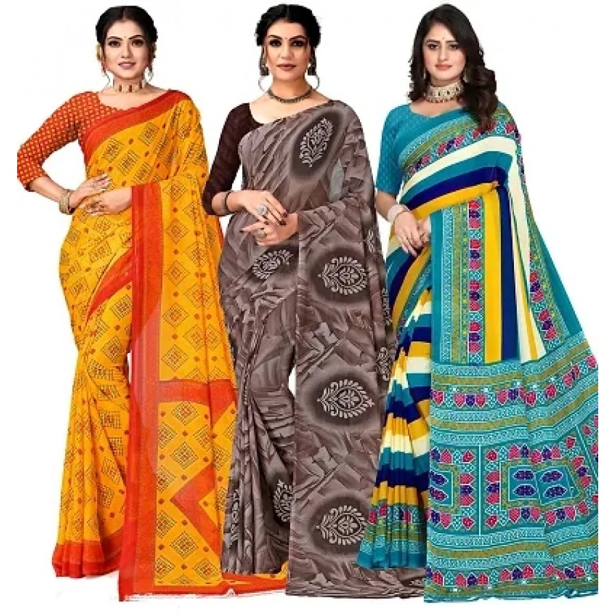 Classic Georgette Printed Saree with Blouse Piece, Pack of 3