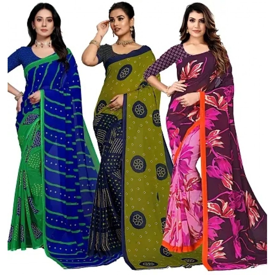 Classic Georgette Printed Saree with Blouse Piece, Pack of 3