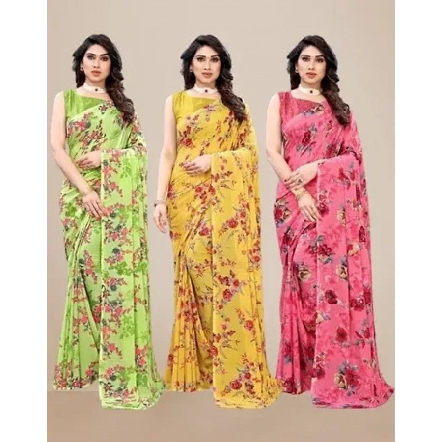 Classic Georgette Printed Saree with Blouse Piece, Pack of 3