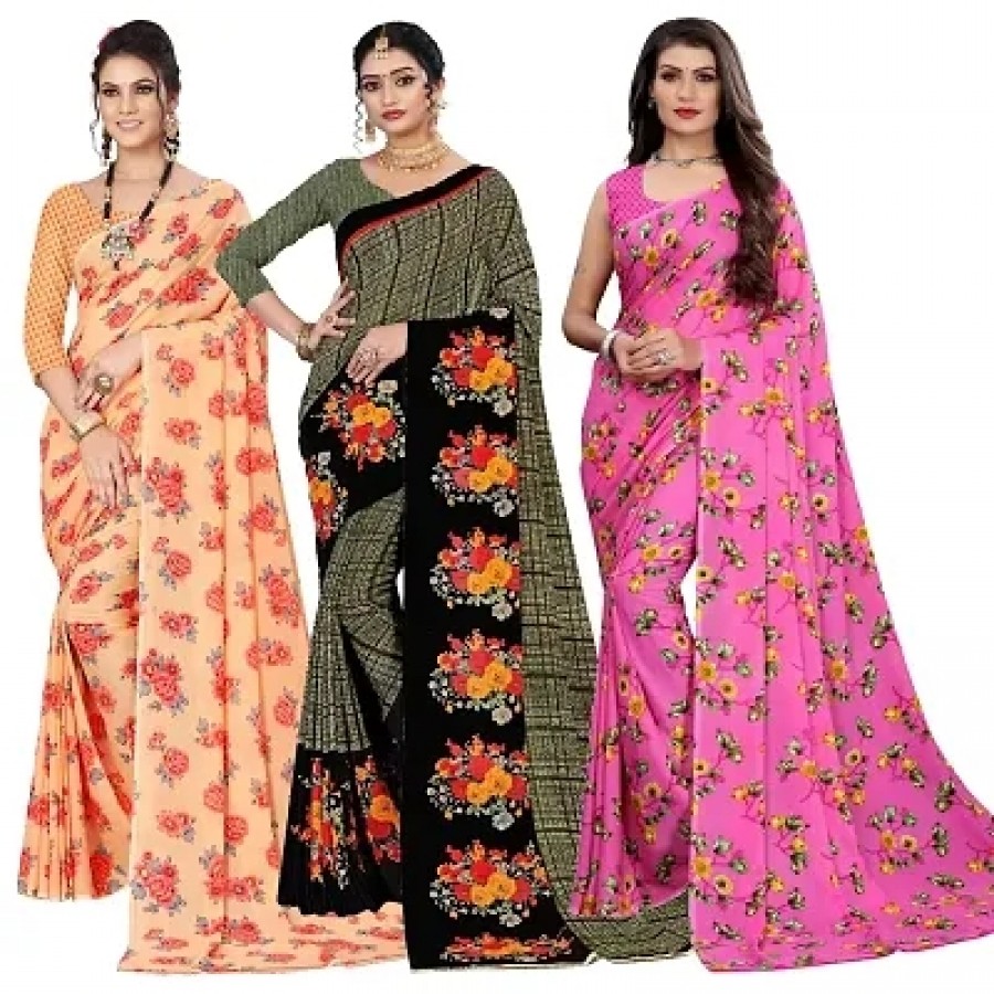 Classic Georgette Printed Saree with Blouse Piece, Pack of 3