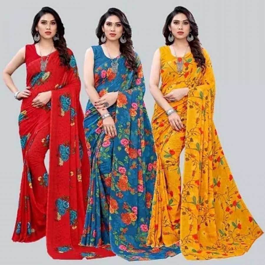 Classic Georgette Printed Saree with Blouse Piece, Pack of 3