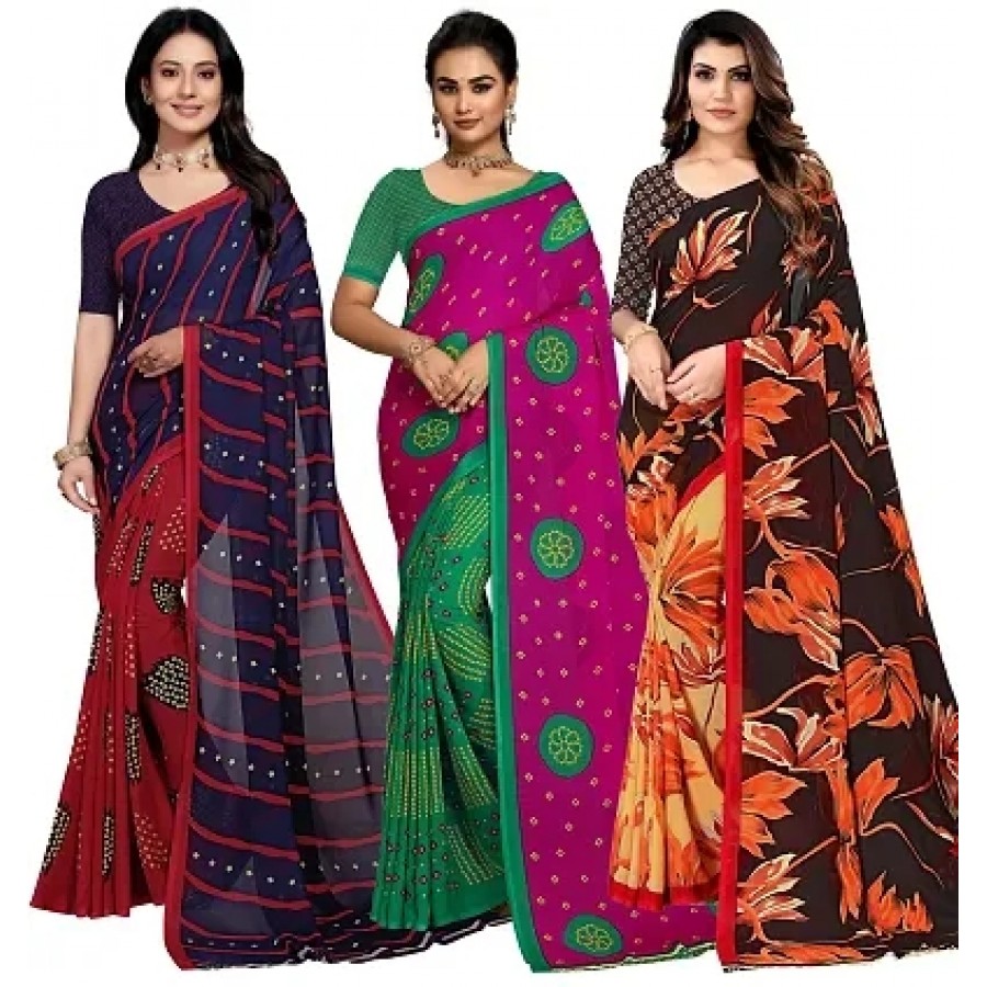 Classic Georgette Printed Saree with Blouse Piece, Pack of 3