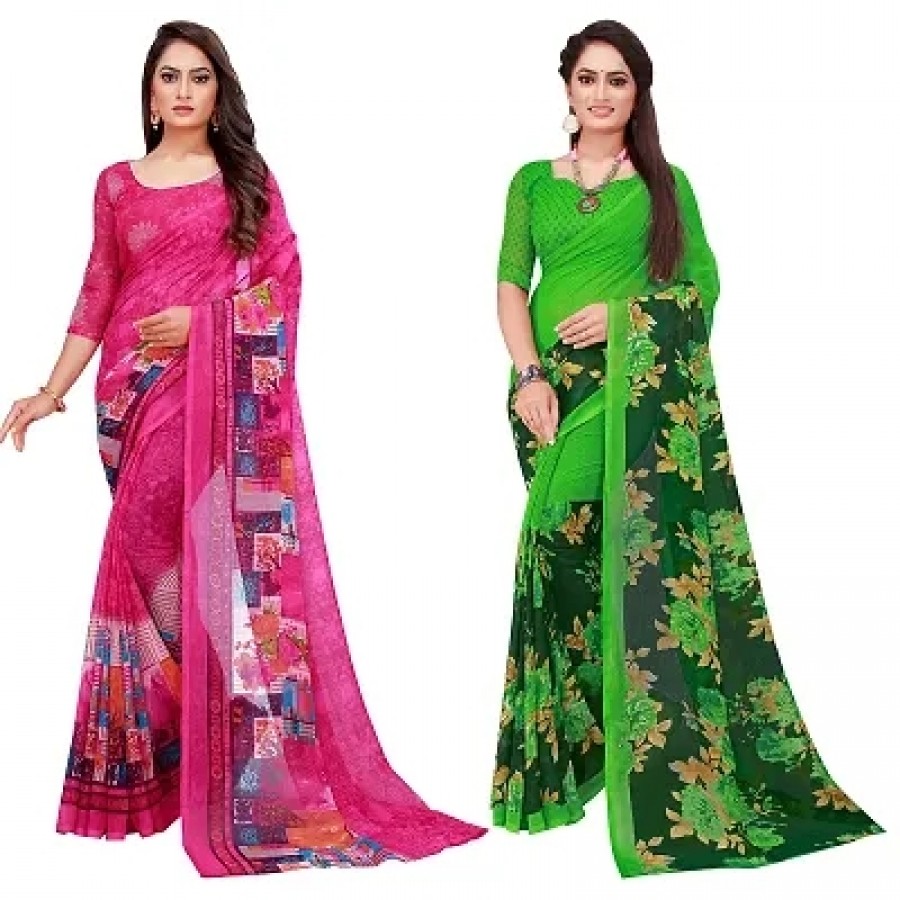 Elegant Georgette Printed Women Saree with Blouse piece-Pack Of 2