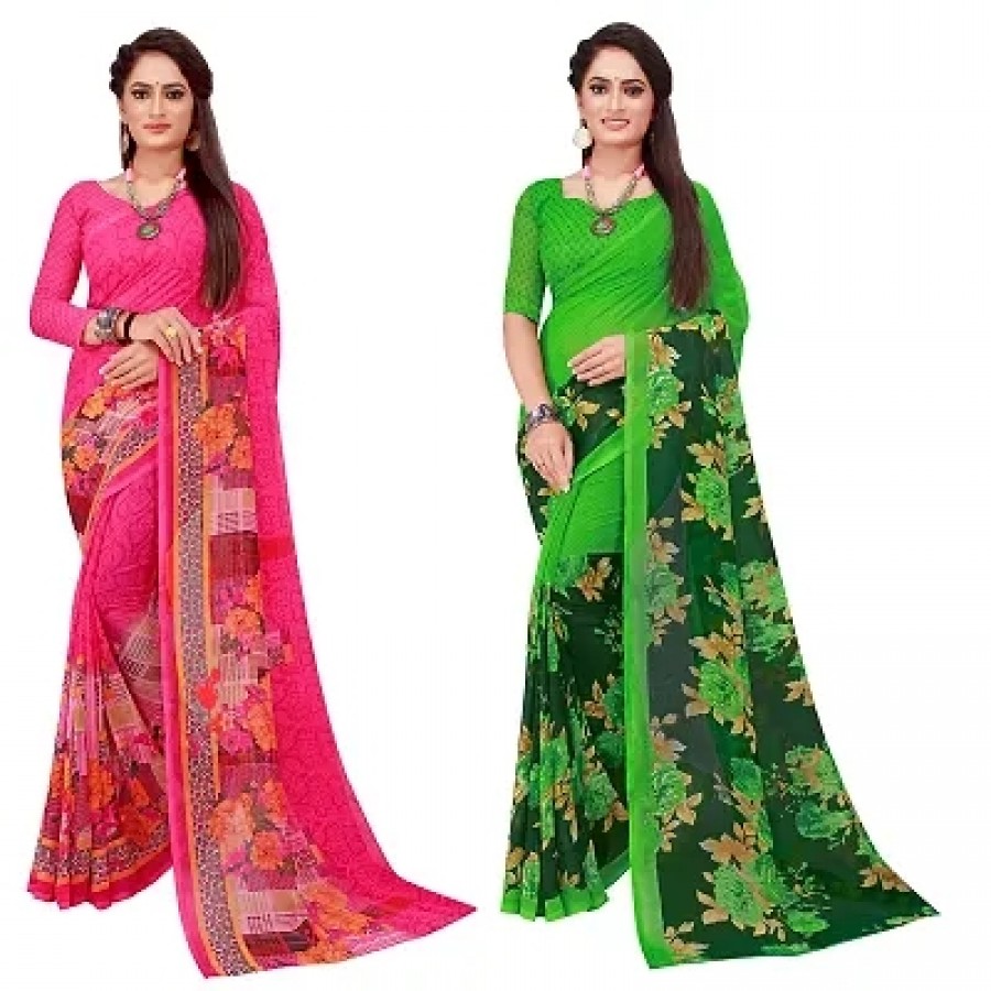 Elegant Georgette Printed Women Saree with Blouse piece-Pack Of 2