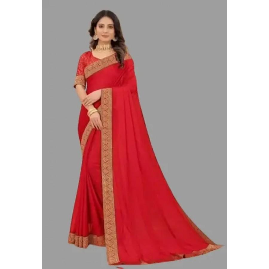 Elegant Party Wear Red Art Silk Plain Jacquard Lace Saree with Blouse Piece