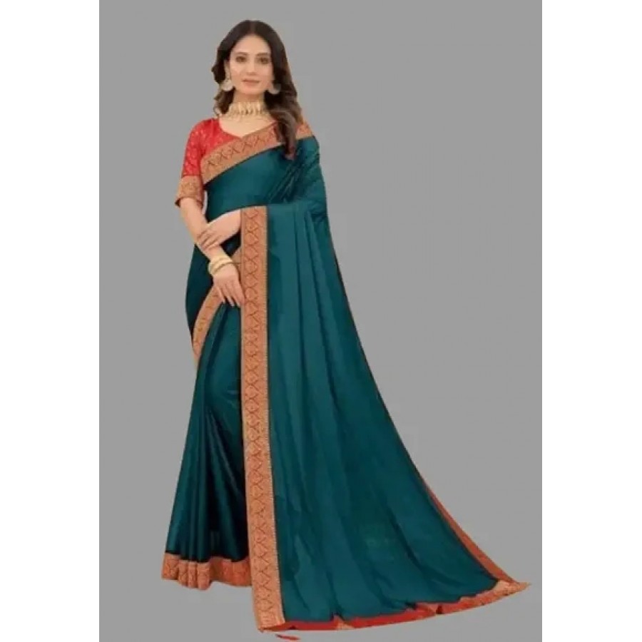 Elegant Party Wear Teal Art Silk Plain Jacquard Lace Saree with Blouse Piece