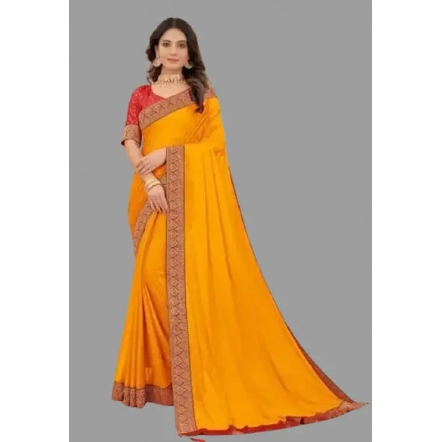 Elegant Party Wear Yellow Art Silk Plain Jacquard Lace Saree with Blouse Piece