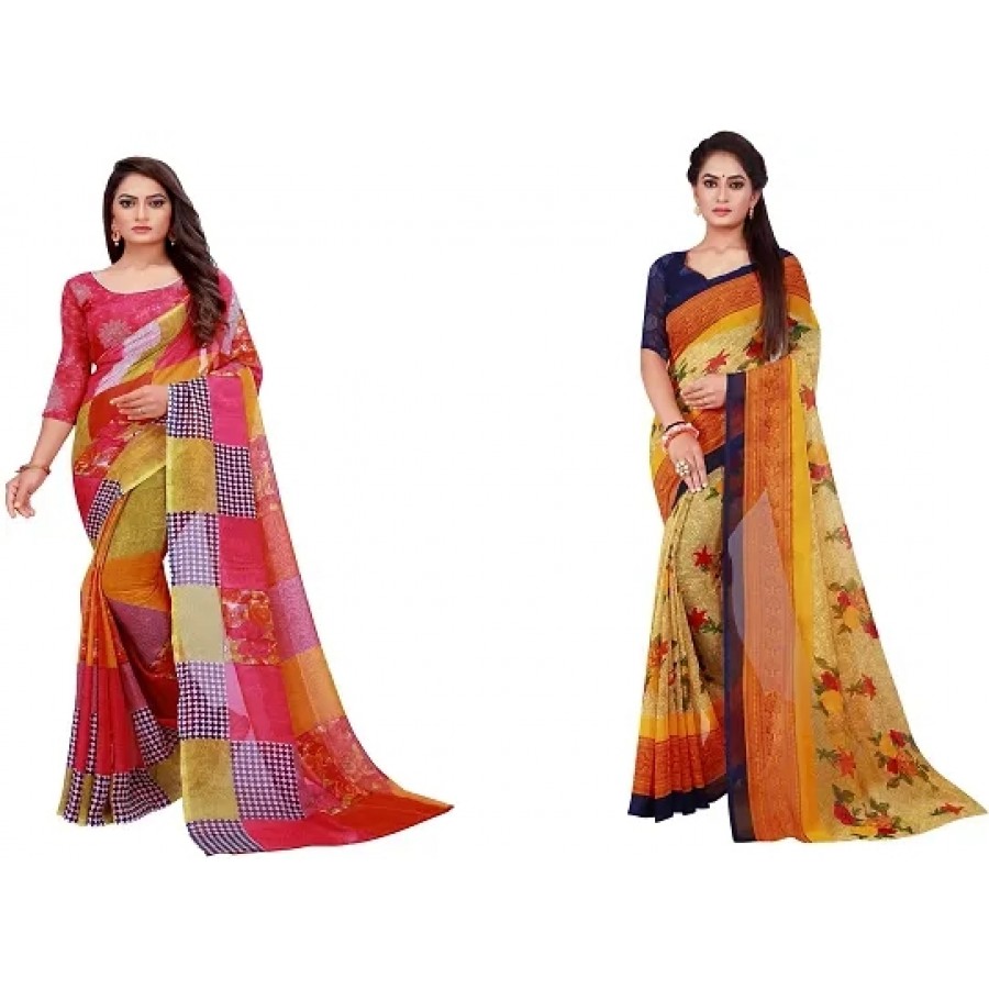 Elegant Printed Daily Wear Georgette Women Saree With Blouse Piece -Pack Of 2