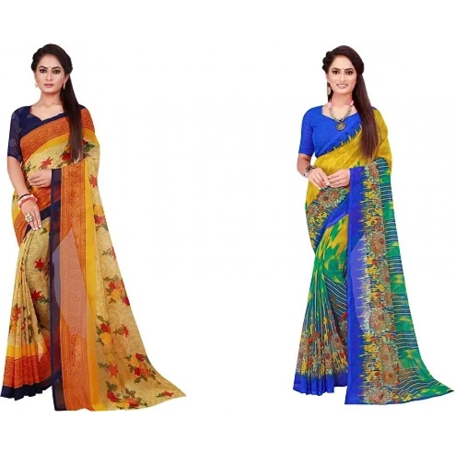 Elegant Printed Daily Wear Georgette Women Saree With Blouse Piece -Pack Of 2