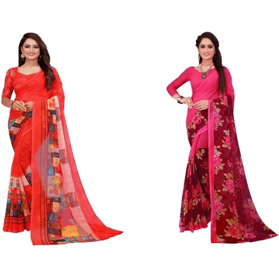 Elegant Printed Daily Wear Georgette Women Saree With Blouse Piece -Pack Of 2