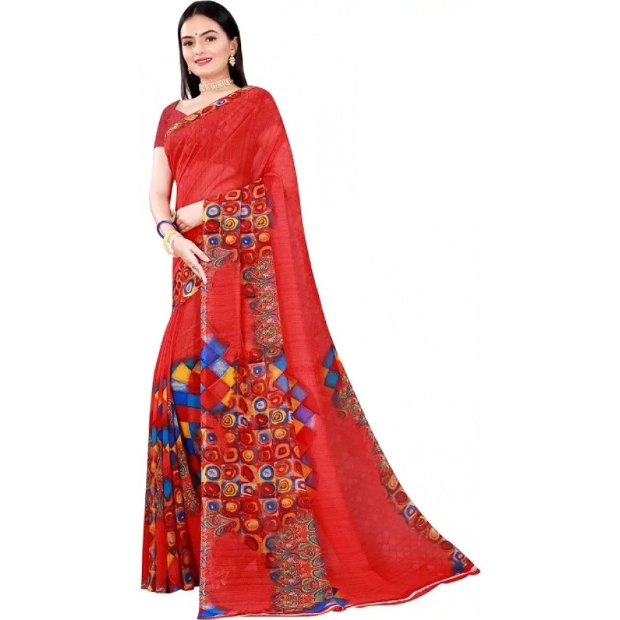 Elegant Printed Daily Wear Georgette Women Saree With Blouse Piece -Red