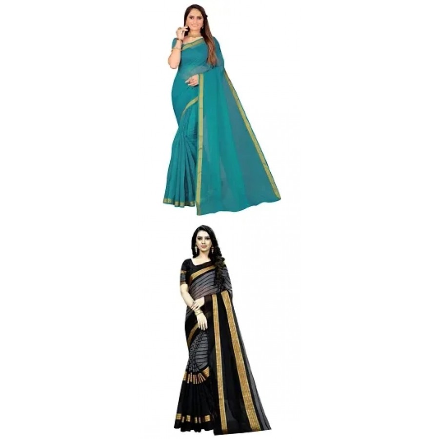 Stylish Cotton Blend Saree With Blouse Piece For Women Pack Of 2