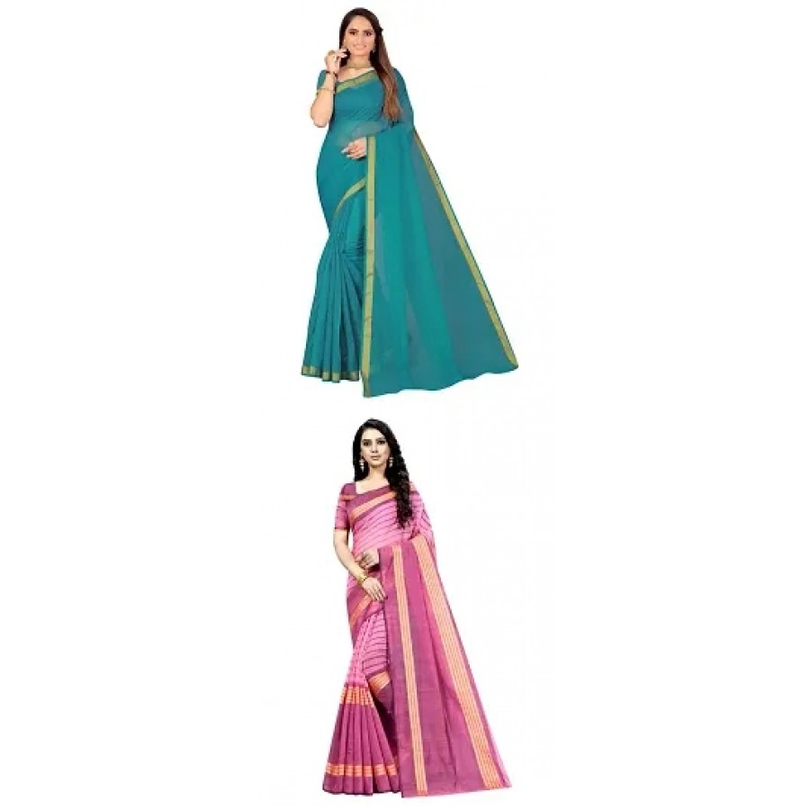 Stylish Cotton Blend Saree With Blouse Piece For Women Pack Of 2