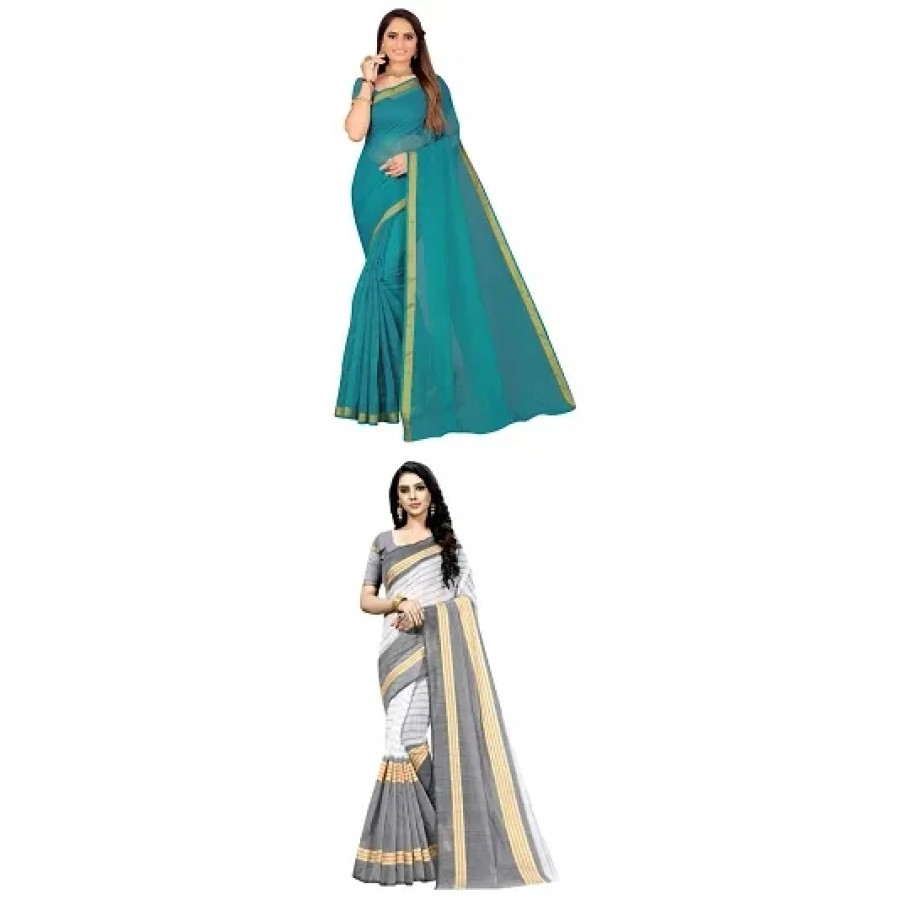 Stylish Cotton Blend Saree With Blouse Piece For Women Pack Of 2